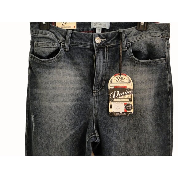 Cello High Rise Vinatage Wash Jeans Faded Dark Blue Distressed Flare Size 11 - Picture 4 of 8